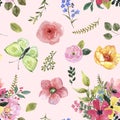 Watercolor spring or summer floral seamless pattern. Cute botanical print, blooming meadow illustration with flowers Royalty Free Stock Photo