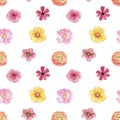 Watercolor spring or summer floral seamless pattern. Cute botanical print, blooming meadow illustration with pink flowers Royalty Free Stock Photo