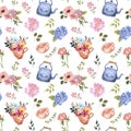 Cute watercolor flowers seamless pattern on white background. Spring wildflower and leaf botanical print. Summer meadow Royalty Free Stock Photo