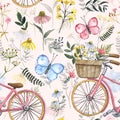 Watercolor spring or summer flowers and bicycle seamless pattern. Cute botanical print, blooming meadow illustration with bike Royalty Free Stock Photo