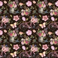 Cute summer floral seamless pattern. Watercolor flowers, leaves, pink bicycle, butterflies on black background. Shabby chic Royalty Free Stock Photo