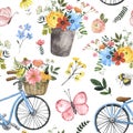 Watercolor spring or summer flowers and bicycle seamless pattern. Cute botanical print, blooming meadow illustration Royalty Free Stock Photo