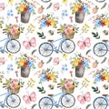 Watercolor spring or summer flowers and cute blue bicycle seamless pattern. Bright and colorful botanical print, blooming meadow Royalty Free Stock Photo