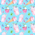 Watercolor spring and summer sweet desserts seamless pattern. Blue background with ice cream in a cone