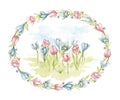 Watercolor spring tulips flowers on lawn in oval floral frame