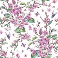 Watercolor spring vintage floral seamless pattern with pink bloo