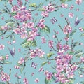 Watercolor spring vintage floral seamless pattern with pink bloo