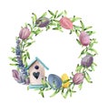 Watercolor spring wreath with birdhouse. Hand painted border with greenery, tulips and pastel eggs isolated on white