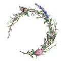 Watercolor spring wreath with butterfly. Hand painted border with lavender, willow, tulip and tree branch with leaves