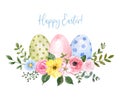 Watercolor spring wreath with eggs and flowers, isolated on white background. Decorative nest for Easter cards Royalty Free Stock Photo