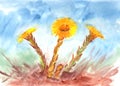 Watercolor spring yellow coltsfoot flowers against the sky