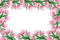 Watercolor springtime frame decoration with pink tulips, mother`s day border design with copy space, bright floral background with