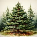 Watercolor spruce forest. Gouache illustration. Generative AI Royalty Free Stock Photo