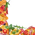 Watercolor square corner with pizza and ingredients on white