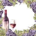 Watercolor frame bunch of grapes, leaves with bottle and glass red wine. Hand painted illustration Royalty Free Stock Photo