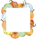 Watercolor square frame with colorful pumpkins. Botanical autumn illustration. Thankgiving and fall template