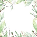 Watercolor square frame with delicate spring greenery, leaves, branches, willows