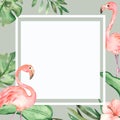 Watercolor square frame with flamingos, tropical leaves and flowers