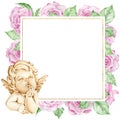 Watercolor square frame with a little angel and pink roses. Valentine`s Day floral template. Beautiful romantic frame