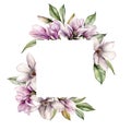 Watercolor square frame with magnolias, leaves and buds. Hand painted floral border with flowers isolated on white