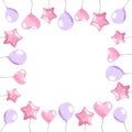 Watercolor square frame with pink balloons isolated on white background Royalty Free Stock Photo