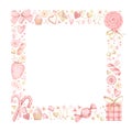 Watercolor square frame with pink and gold set of elements for Valentine's day. Sweets, hearts, jewellery, bows, flowers