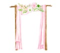 Watercolor square wedding arch with flowers. Hand drawn wood archway, pink veil curtains, blush floral arrangement