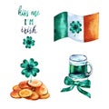 Watercolor st Patrick`s day icons set isolated on white background. Royalty Free Stock Photo