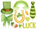 Watercolor St. Patrick's day set. Clover,lettering, bow, hat, necktie, horseshoe, coin isolated on white background.