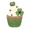 Watercolor st patricks day cupcake clipart with clover decoration in spring celebration Royalty Free Stock Photo