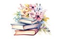 Watercolor stack of books with flowers in pastel colors isolated on white background. Perfect for cozy corners Royalty Free Stock Photo