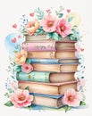 Watercolor Stack of Books with Pink Floral Arrangements and Decorative Elements Royalty Free Stock Photo