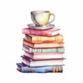 Watercolor stack of books with teacup Clipart on white background