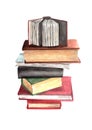 Watercolor stack of books in a white background. Hand drawn illustration. Realistic still life. Can be used for illustrations, ban