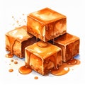 Watercolor Stack of Caramel Squares with Dripping Sauce on White Backdrop Royalty Free Stock Photo