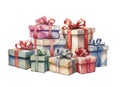 Watercolor stack of Christmas gift boxes. Holiday presents, festive clip art