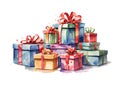 Watercolor stack of Christmas gift boxes. Holiday presents, festive clip art