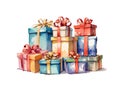 Watercolor stack of Christmas gift boxes. Holiday presents, festive clip art