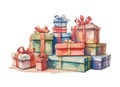 Watercolor stack of Christmas gift boxes. Holiday presents, festive clip art