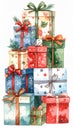 Watercolor Stack of Christmas Gifts in Various Colors and Patterns on White Background Festive and Decorative Royalty Free Stock Photo