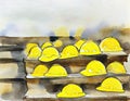 Watercolor of stack of yellow hard hats on a construction site