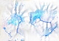 Watercolor stains, blots and drips on white paper. Various shades of blue.