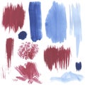 Watercolor stains blue and red. Set of isolated elements. Texture fragments