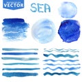 Watercolor stains,brushes,waves.Blue ocean,sea Royalty Free Stock Photo