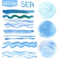 Watercolor stains,brushes,waves.Blue sea,ocean. Summer set Royalty Free Stock Photo