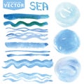 Watercolor stains,brushes,waves.Blue sea,ocean. Summer set Royalty Free Stock Photo