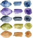 Watercolor stains and strokes collection, blue and brown color elements