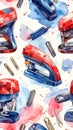 Watercolor Staplers and Staples Pattern Design Royalty Free Stock Photo
