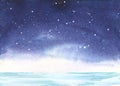 Watercolor starry night illustration, winter abstract background illustration with dark blue sky with stars and snow Royalty Free Stock Photo