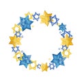 Watercolor stars of David blue and yellow circle frame for Jewish holidays designs and blogs Royalty Free Stock Photo